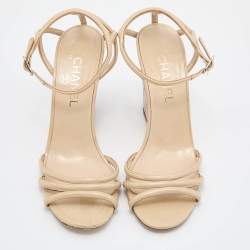 Pre Owned Chanel Beige Patent Leather Wedge Open Toe Sandals Size 38.5