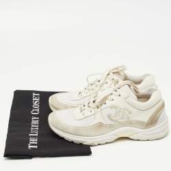 Pre Owned Chanel White/Grey Suede and Leather CC Low Top Sneakers Size 37.5