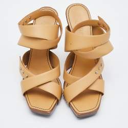 Chanel Beige Leather Embellished Criss Cross Ankle Strap Sandals Size 38