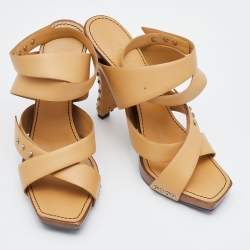 Chanel Beige Leather Embellished Criss Cross Ankle Strap Sandals Size 38