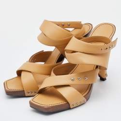 Chanel Beige Leather Embellished Criss Cross Ankle Strap Sandals Size 38