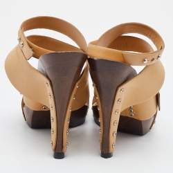 Chanel Beige Leather Embellished Criss Cross Ankle Strap Sandals Size 38