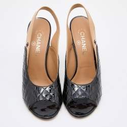 Chanel Two Tone Quilted Patent Leather Bow Block Heel Slingback Sandals Size 41