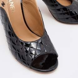 Chanel Two Tone Quilted Patent Leather Bow Block Heel Slingback Sandals Size 41
