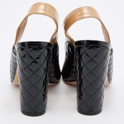 Chanel Two Tone Quilted Patent Leather Bow Block Heel Slingback Sandals Size 41