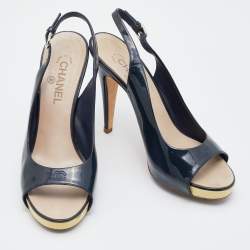 Chanel Navy Blue Patent Leather CC Open Toe Platform Slingback Sandals Size 41