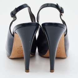 Chanel Navy Blue Patent Leather CC Open Toe Platform Slingback Sandals Size 41