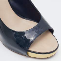 Chanel Navy Blue Patent Leather CC Open Toe Platform Slingback Sandals Size 41