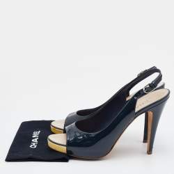 Chanel Navy Blue Patent Leather CC Open Toe Platform Slingback Sandals Size 41