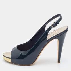 Chanel Navy Blue Patent Leather CC Open Toe Platform Slingback Sandals Size 41