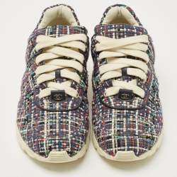Pre Owned Chanel Multicolor Tweed and Leather CC Low Top Sneakers Size 41.5