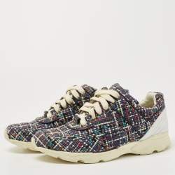 Pre Owned Chanel Multicolor Tweed and Leather CC Low Top Sneakers Size 41.5