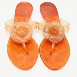 Pre Owned Chanel Orange Jelly Camellia Thong Flats Size 41