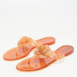 Pre Owned Chanel Orange Jelly Camellia Thong Flats Size 41