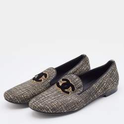 Chanel Black/Gold Tweed Smoking Slippers Size 36