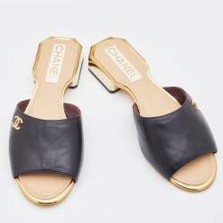 Chanel Black Leather Slide Sandals Size 37