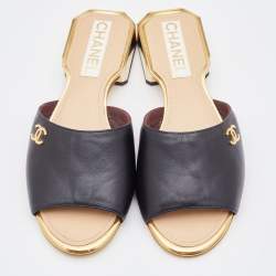 Chanel Black Leather Slide Sandals Size 37