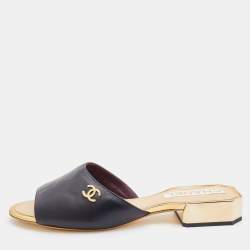 Chanel Black Leather Slide Sandals Size 37