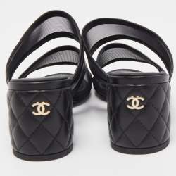 Chanel Black Mesh and Quilted Leather CC Block Heel Slide Sandals Size 39