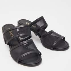 Chanel Black Mesh and Quilted Leather CC Block Heel Slide Sandals Size 39