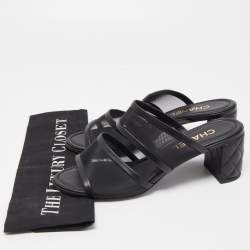 Chanel Black Mesh and Quilted Leather CC Block Heel Slide Sandals Size 39
