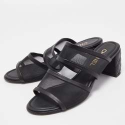 Chanel Black Mesh and Quilted Leather CC Block Heel Slide Sandals Size 39