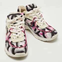 Pre Owned Chanel Multicolor Satin and Suede CC Low Top Sneakers Size 38.5