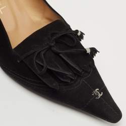 Pre Owned Chanel Black Suede Fringed Detail CC Pointed Toe Pumps Size 38