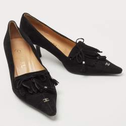 Pre Owned Chanel Black Suede Fringed Detail CC Pointed Toe Pumps Size 38