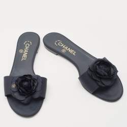 Chanel Blue Canvas Camellia Accent Slides Size 39