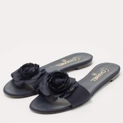 Chanel Blue Canvas Camellia Accent Slides Size 39
