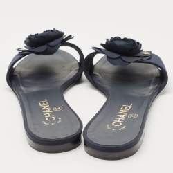 Chanel Blue Canvas Camellia Accent Slides Size 39