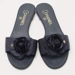 Chanel Blue Canvas Camellia Accent Slides Size 39