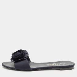 Chanel Blue Canvas Camellia Accent Slides Size 39
