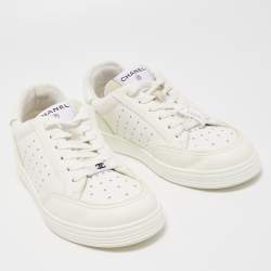 Pre Owned Chanel White Perforated Leather  CC Low Top Sneakers Size 37
