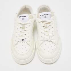 Pre Owned Chanel White Perforated Leather  CC Low Top Sneakers Size 37