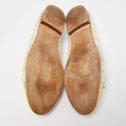 Pre Owned Chanel Cream/Gold Tweed And Leather CC Cap Toe Bow Ballet Flats Size 38.5
