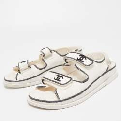 Chanel White Textured Leather Dad Sandals Size 38.5