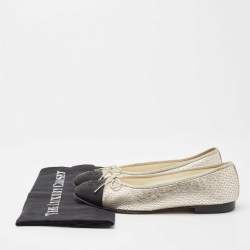 Chanel Black/Silver Leather And Fabric Cap Toe CC Bow Ballet Flats Size 38.5