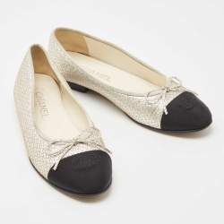 Chanel Black/Silver Leather And Fabric Cap Toe CC Bow Ballet Flats Size 38.5