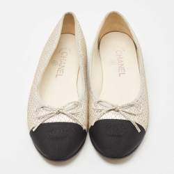 Chanel Black/Silver Leather And Fabric Cap Toe CC Bow Ballet Flats Size 38.5