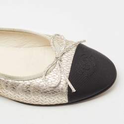 Chanel Black/Silver Leather And Fabric Cap Toe CC Bow Ballet Flats Size 38.5