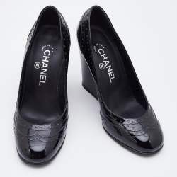 Pre Owned Chanel Black Brogue Patent Leather Wedge Pumps Size 37