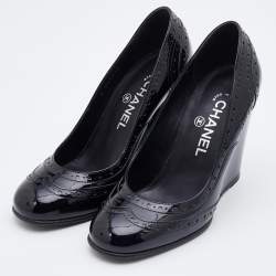 Pre Owned Chanel Black Brogue Patent Leather Wedge Pumps Size 37