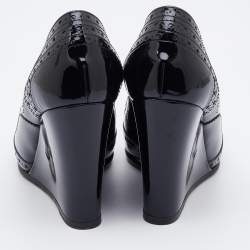 Pre Owned Chanel Black Brogue Patent Leather Wedge Pumps Size 37