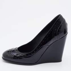 Pre Owned Chanel Black Brogue Patent Leather Wedge Pumps Size 37