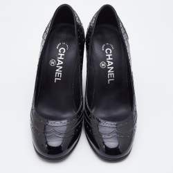 Pre Owned Chanel Black Brogue Patent Leather Wedge Pumps Size 37