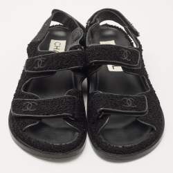 Chanel Black Fabric Dad Flat Sandals Size 37.5