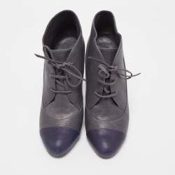 Chanel Grey Leather CC Cap Toe Lac Up Booties Size 39.5