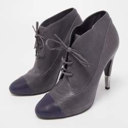 Chanel Grey Leather CC Cap Toe Lac Up Booties Size 39.5
